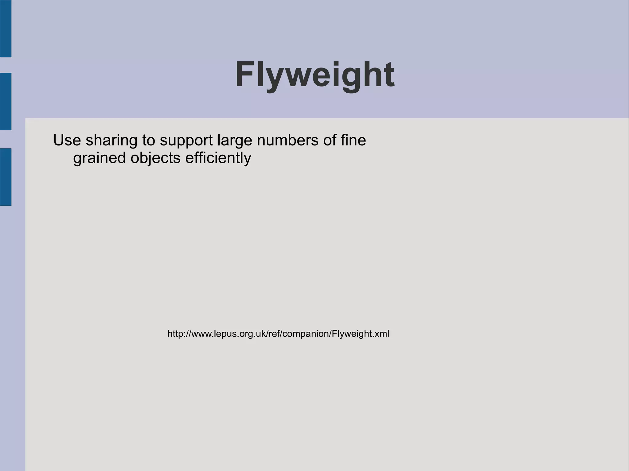 Command – GoF style Rahul Verma, Chetan Giridhar. Design Patterns in Python. www.testingperspective.com class Command : &quot;&quot;&quot;The Command Abstract class&quot;&quot;&quot; def __init__ ( self ): pass #Make changes def execute ( self ): #OVERRIDE raise NotImplementedError class FlipUpCommand (Command): &quot;&quot;&quot;The Command class for turning on the light&quot;&quot;&quot; def __init__ ( self , light): self .__light = light def execute ( self ): self .__light.turnOn() 