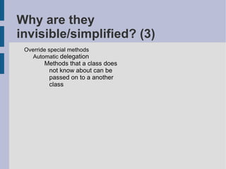 Motivation “ 16 of 23 [GoF] patterns have a qualitatively simpler implementation in Lisp or Dylan than in C++, for at least some uses of each pattern” Peter Norvig (http://norvig.com/design-patterns/) “ Patterns are not needed in Python because design patterns are a sign of a deficiency of a language” … ... for the purpose that the design pattern addresses. How is observer implemented in Python?  (equivalent to Boost.Signals, Qt Slot/Signals, .NET events)  Coming from C++ or Java, if you already know the GoF patterns then it would be informative to see how they are implemented in Python. This talk documents part of my journey from C++ to Ptyhon. 