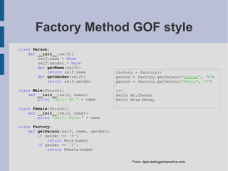Iterator – built in Provide a way to access the elements of an aggregate object sequentially without exposing its underlying representation class   Sequence : def   __init__ ( self , size): self .list = [x  for  x  in  xrange(size)] self .index =  0 def   __iter__ ( self ): return   self def   next ( self ): if  len( self .list) ==  self .index: raise  StopIteration current =  self .list[ self .index] self .index +=  1 return  current >>> a = Sequence( 3 ) >>>  for  x  in  a: print  x 0 1 2 >>>  http://www.dofactory.com/Patterns/PatternIterator.aspx 
