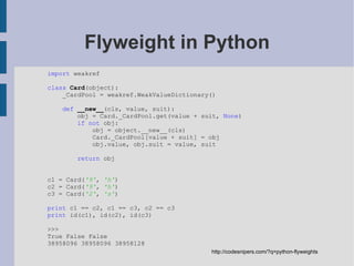 Command in Python def   greet (who): print   &quot;Hello %s&quot;  % who greet_command =  lambda : greet( &quot;World&quot; ) # pass the  callable  around, and invoke it later greet_command() class   MoveFileCommand (object): def   __init__ ( self , src, dest): self .src = src self .dest = dest self () def   __call__ ( self ): os.rename( self .src,  self .dest) def   undo ( self ): os.rename( self .dest,  self .src) undo_stack = [] undo_stack.append(MoveFileCommand( 'foo.txt' ,  'bar.txt' )) undo_stack.append(MoveFileCommand( 'bar.txt' ,  'baz.txt' )) # foo.txt is now renamed to baz.txt undo_stack.pop().undo()  # Now it's bar.txt undo_stack.pop().undo()  # and back to foo.txt  http://stackoverflow.com/questions/1494442/general-command-pattern-and-command-dispatch-pattern-in-python  (Ants Aasma) Simple case: Just use a callable More complex case: Use a command object but no need for a base class 