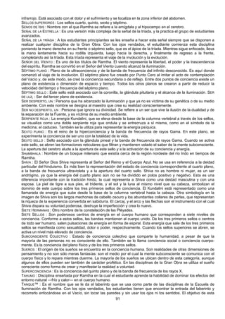 91
infrarrojo. Está asociado con el dolor y el sufrimiento y se localiza en la zona inferior del abdomen.
SELLOS SUPERIORES : Los sellos cuarto, quinto, sexto y séptimo.
SENOS DE ISIS : Nombre con el que Ramtha se refiere a la amígdala y al hipocampo en el cerebro.
SEÑAL DE LA ESTRELLA : Es una versión más compleja de la señal de la tríada, y la practica el grupo de estudiantes
avanzados.
SEÑAL DE LA TRÍADA : A los estudiantes principiantes se les enseña a hacer esta señal siempre que se disponen a
realizar cualquier disciplina de la Gran Obra. Con los ojos vendados, el estudiante comienza esta disciplina
poniendo la mano derecha en su frente o séptimo sello, que es el ápice de la tríada. Mientras sigue enfocado, lleva
la mano lentamente hacia su rodilla izquierda, luego hacia la derecha, y finalmente de regreso a la frente,
completando así la tríada. Esta tríada representa el viaje de la involución y la evolución.
SEÑOR DEL VIENTO : Es uno de los títulos de Ramtha. El viento representa la libertad, el poder y la trascendencia
del espíritu. Ramtha se convirtió en el Señor del Viento cuando alcanzó la iluminación.
SÉPTIMO PLANO : Plano de la ultraconciencia y de la banda de frecuencia del infinito desconocido. Es aquí donde
comenzó el viaje de la involución. El séptimo plano fue creado por Punto Cero al imitar el acto de contemplación
del Vacío y, de este modo, se creó la conciencia secundaria o de reflejo. Entre dos puntos de conciencia existe un
plano de existencia o dimensión de espacio y tiempo. Todos los otros planos se crearon a partir de reducir la
velocidad del tiempo y frecuencia del séptimo plano.
SÉPTIMO SELLO : Este sello está asociado con la coronilla, la glándula pituitaria y el alcance de la iluminación. SER
DE LUZ, : Ser del tercer plano de existencia.
SER DESPIERTO, UN : Persona que ha alcanzado la iluminación y que ya no es víctima de su genética o de su medio
ambiente. Con este nombre se designa al maestro que crea su realidad conscientemente.
SER NO DESPIERTO, UN : Persona que ignora su divinidad. Se refiere a un ser que vive la ilusión de la dualidad y de
la separación de la Fuente, y es víctima de su medio ambiente.
SERPIENTE ROJA : La energía Kundalini, que se eleva desde la base de la columna vertebral a través de los sellos,
se visualiza como una doble serpiente roja que ondula y se entrecruza a sí misma, como en el símbolo de la
medicina, el caduceo. También se la utiliza para representar la energía psíquica.
SEXTO PLANO : Es el reino de la hiperconciencia y la banda de frecuencia de rayos Gama. En este plano, se
experimenta la conciencia de ser uno con la totalidad de la vida.
SEXTO SELLO : Sello asociado con la glándula pineal y la banda de frecuencia de rayos Gama. Cuando se activa
este sello, se abren las formaciones reticulares que filtran y mantienen velado el saber de la mente subconsciente.
La apertura del cerebro alude a la apertura de este sello y a la activación de su conciencia y energía.
SHAMBHALA : Nombre de un bosque milenario que existía cerca de la región nordeste del río Indo en tiempos de
Ramtha.
SHIVA : El Señor Dios Shiva representa al Señor del Reino y el Cuerpo Azul. No se usa en referencia a la deidad
particular del hinduismo. Es más bien la representación del estado de conciencia correspondiente al cuarto plano,
a la banda de frecuencia ultravioleta y a la apertura del cuarto sello. Shiva no es hombre ni mujer, es un ser
andrógino, ya que la energía del cuarto plano aún no se ha dividido en polos positivo y negativo. Esta es una
diferencia importante con la tradición hindú, la cual representa a Shiva como una deidad masculina y con una
esposa. La piel de tigre a sus pies, el tridente, y el sol y la luna al mismo nivel que su cabeza, simbolizan el
dominio de este cuerpo sobre los tres primeros sellos de conciencia. El Kundalini está representado como una
llamarada de energía que sube desde la base de la columna vertebral hasta la cabeza. Otra simbología en la
imagen de Shiva son los largos mechones de cabello oscuro y los abundantes collares de perlas, que representan
la riqueza de la experiencia convertida en sabiduría. El carcaj, y el arco y las flechas son el instrumento con el cual
Shiva dispara su voluntad poderosa, destruye la imperfección y crea lo nuevo.
SIETE HERMANAS : Otro nombre de la constelación de las Pléyades.
SIETE SELLOS : Son poderosos centros de energía en el cuerpo humano que corresponden a siete niveles de
conciencia. Conforme a estos sellos, las bandas mantienen al cuerpo unido. De los tres primeros sellos o centros
de todo ser humano, salen pulsaciones de energía en forma de espiral. Esta energía que sale de los tres primeros
sellos se manifiesta como sexualidad, dolor o poder, respectivamente. Cuando los sellos superiores se abren, se
activa un nivel más elevado de conciencia.
SUBCONSCIENTE COLECTIVO : Estado de conciencia colectivo que comparte la humanidad, a pesar de que la
mayoría de las personas no es consciente de ello. También se lo llama conciencia social o conciencia cuerpo-
mente. Es la conciencia del plano físico y de los tres primeros sellos.
SUEÑOS : El origen de los sueños se encuentra en la conciencia humana. Son realidades de otras dimensiones de
pensamiento y no son sólo meras fantasías: son el medio por el cual la mente subconsciente se comunica con el
cuerpo físico y lo repara mientras duerme. La mayoría de los sueños se ubican dentro de esta categoría, aunque
algunos de ellos pueden ser también de carácter profético. En las disciplinas de la Gran Obra se utiliza el sueño
consciente como forma de crear y manifestar la realidad a voluntad.
SUPERCONCIENCIA : Es la conciencia del quinto plano y de la banda de frecuencia de los rayos X.
TAHUMO : Disciplina enseñada por Ramtha en la cual el estudiante aprende la habilidad de dominar los efectos del
entorno natural —frío y calor— en el cuerpo humano.
TANQUE™ : Es el nombre que se le da al laberinto que se usa como parte de las disciplinas de la Escuela de
Iluminación de Ramtha. Con los ojos vendados, los estudiantes tienen que encontrar la entrada del laberinto y
recorrerlo enfocándose en el Vacío, sin tocar las paredes y sin usar los ojos ni los sentidos. El objetivo de esta
 