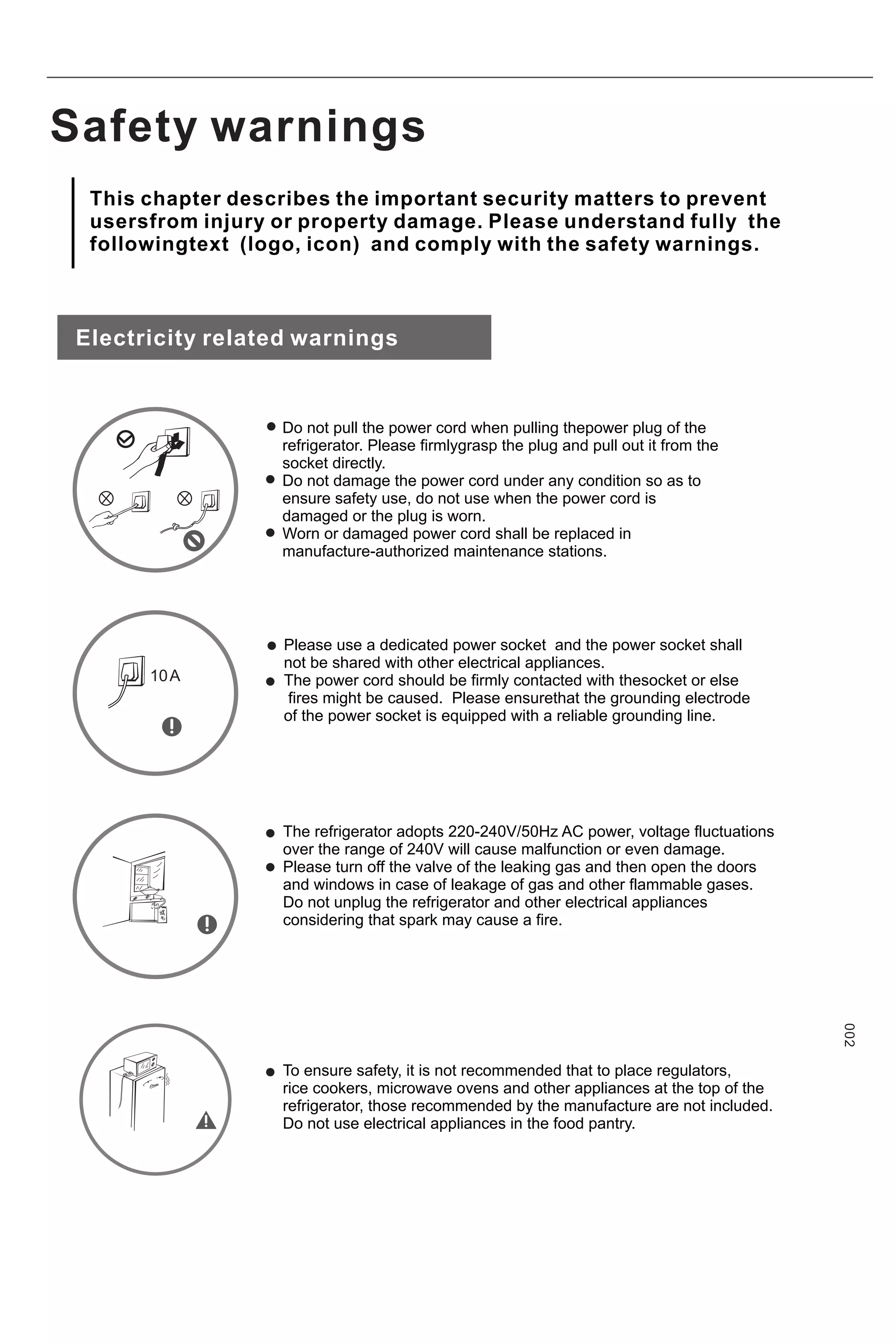 Safety warnings
Please use a dedicated power socket and the power socket shall
not be shared with other electrical appliances.
The power cord should be firmly contacted with thesocket or else
fires might be caused. Please ensurethat the grounding electrode
of the power socket is equipped with a reliable grounding line.
Do not pull the power cord when pulling thepower plug of the
refrigerator. Please firmlygrasp the plug and pull out it from the
socket directly.
Do not damage the power cord under any condition so as to
ensure safety use, do not use when the power cord is
damaged or the plug is worn.
Worn or damaged power cord shall be replaced in
manufacture-authorized maintenance stations.
The refrigerator adopts 220-240V/50Hz AC power, voltage fluctuations
over the range of 240V will cause malfunction or even damage.
Please turn off the valve of the leaking gas and then open the doors
and windows in case of leakage of gas and other flammable gases.
Do not unplug the refrigerator and other electrical appliances
considering that spark may cause a fire.
To ensure safety, it is not recommended that to place regulators,
rice cookers, microwave ovens and other appliances at the top of the
refrigerator, those recommended by the manufacture are not included.
Do not use electrical appliances in the food pantry.
Electricity related warnings
002
This chapter describes the important security matters to prevent
usersfrom injury or property damage. Please understand fully the
followingtext (logo, icon) and comply with the safety warnings.
 