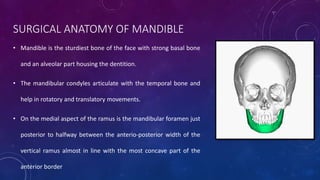 SURGICAL ANATOMY OF MANDIBLE
• Mandible is the sturdiest bone of the face with strong basal bone
and an alveolar part housing the dentition.
• The mandibular condyles articulate with the temporal bone and
help in rotatory and translatory movements.
• On the medial aspect of the ramus is the mandibular foramen just
posterior to halfway between the anterio-posterior width of the
vertical ramus almost in line with the most concave part of the
anterior border
 