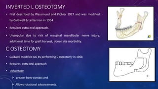 INVERTED L OSTEOTOMY
• First described by Wassmund and Pichler 1927 and was modified
by Caldwell & Letterman in 1954
• Requires extra oral approach.
• Unpopular due to risk of marginal mandibular nerve injury,
additional time for graft harvest, donor site morbidity.
• Caldwell modified ILO by performing C osteotomy in 1968
• Requires extra oral approach
• Advantage
 greater bony contact and
 Allows rotational advancements.
C OSTEOTOMY
 