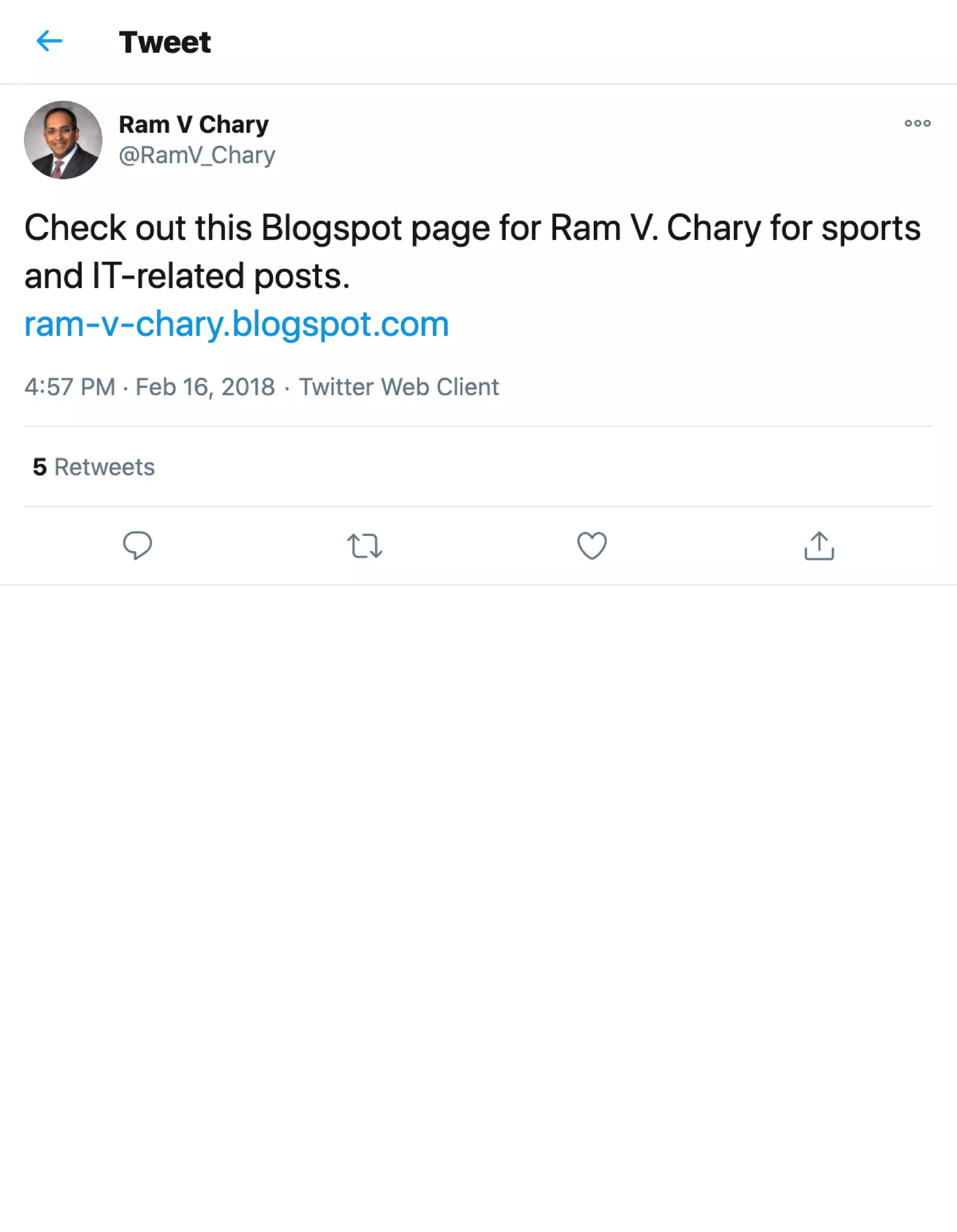 Check out this Blogspot page for Ram V Chary for sports and I-T related ...