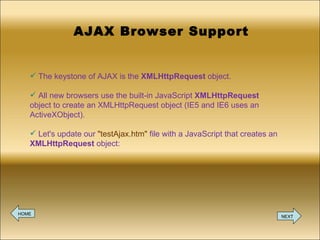 AJAX Browser Support The keystone of AJAX is the  XMLHttpRequest  object. All new browsers use the built-in JavaScript  XMLHttpRequest  object to create an XMLHttpRequest object (IE5 and IE6 uses an ActiveXObject). Let's update our  &quot;testAjax.htm&quot;  file with a JavaScript that creates an  XMLHttpRequest  object: HOME NEXT 