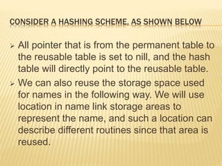 CONSIDER A HASHING SCHEME, AS SHOWN BELOW
 All pointer that is from the permanent table to
the reusable table is set to nill, and the hash
table will directly point to the reusable table.
 We can also reuse the storage space used
for names in the following way. We will use
location in name link storage areas to
represent the name, and such a location can
describe different routines since that area is
reused.
 