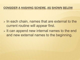 CONSIDER A HASHING SCHEME, AS SHOWN BELOW
 In each chain, names that are external to the
current routine will appear first.
 It can append new internal names to the end
and new external names to the beginning.
 