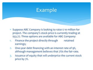  Suppose ABC Company is looking to raise $ 10 million for
project. The company’s stock price is currently trading at
$53.77. Three options are available for ABC Company:
1. Finance the project directly through retained
earnings;
2. One-year debt financing with an interest rate of 9%,
although management believes that 7%is the fair rate.
3. Issuance of equity that will underprice the current stock
price by 7%.
Example
 