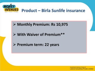  Financial Security for the family.Product – Birla Sunlife insurance Sum Assured: Rs 25 Lacs