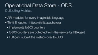 Collecting Metrics
Operational Data Store - ODS
• API modules for every imaginable language
• Thrift Endpoint - https://thrift.apache.org
• Implements fb303 counters
• fb303 counters are collected from the service by FBAgent
• FBAgent submit the metrics over to ODS
 