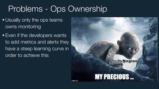 Problems - Ops Ownership
•Usually only the ops teams
owns monitoring
•Even if the developers wants
to add metrics and alerts they
have a steep learning curve in
order to achieve this
 
