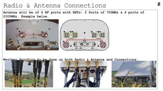 Antenna will be of 6 RF ports with RETs: 2 Ports of 700MHz & 4 ports of
2300MHz. Example below.
Weather Proofing to be don...