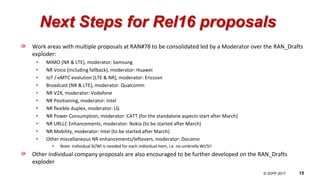 © 3GPP 2012
© 3GPP 2017 15
Next Steps for Rel16 proposals
Work areas with multiple proposals at RAN#78 to be consolidated led by a Moderator over the RAN_Drafts
exploder:
• MIMO (NR & LTE), moderator: Samsung
• NR Voice (including fallback), moderator: Huawei
• IoT / eMTC evolution (LTE & NR), moderator: Ericsson
• Broadcast (NR & LTE), moderator: Qualcomm
• NR V2X, moderator: Vodafone
• NR Positioning, moderator: Intel
• NR flexible duplex, moderator: LG
• NR Power Consumption, moderator: CATT (for the standalone aspects start after March)
• NR URLLC Enhancements, moderator: Nokia (to be started after March)
• NR Mobility, moderator: Intel (to be started after March)
• Other miscellaneous NR enhancements/leftovers, moderator: Docomo
• Note: individual SI/WI is needed for each individual item, i.e. no umbrella WI/SI!
Other individual company proposals are also encouraged to be further developed on the RAN_Drafts
exploder
 