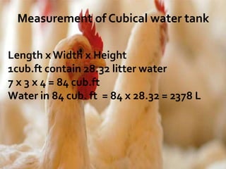 Measurement of Cubical water tank
Length xWidth x Height
1cub.ft contain 28.32 litter water
7 x 3 x 4 = 84 cub.ft
Water in 84 cub. ft = 84 x 28.32 = 2378 L
 