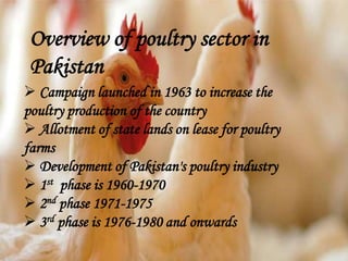 Overview of poultry sector in
Pakistan
 Campaign launched in 1963 to increase the
poultry production of the country
 Allotment of state lands on lease for poultry
farms
 Development of Pakistan's poultry industry
 1st phase is 1960-1970
 2nd phase 1971-1975
 3rd phase is 1976-1980 and onwards
 