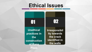 Ethical Issues
01 02
Irresponsibil
ity towards
the crack
identified in
the walls
Unethical
practices in
the
construction
of Rana
Plaza
 