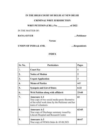 IN THE HIGH COURT OF DELHI AT NEW DELHI
CRIMINAL WRIT JURISDICTION
WRIT PETITION (CRL.) No. __________ of 2022
IN THE MATTER OF:
RANAAYYUB …Petitioner
Versus
UNION OF INDIA & ANR. …Respondents
INDEX
Sr. No. Particulars Pages
1. Court Fee 1
2. Notice of Motion 2
3. Urgent Application 3
4. Memo of Parties 4-5
5. Synopsis and List of Dates 6-22
6. Writ Petition along with affidavit 23-60
7. Annexure A-1
True copy of two social media posts illustrative
of the relief work done by the Petitioner and her
team of volunteers
61
8. Annexure A-2
True copy of Discharge summary issued by
Lilavati Hospital and Research Centre
62-65
9. Annexure A-3
True copy of FEMA Order dt. 03.08.2021
66-67
 