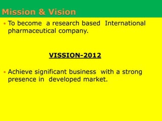 Mission & VisionTo become  a research based  International pharmaceutical company.VISSION-2012Achieve significant business  with a strong presence in  developed market.