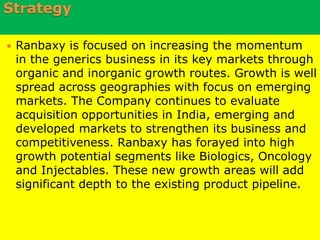 R & D collabaraation.Corporate social ResponsibilityAn essential component of Ranbaxy's CSR is to care for the community. Ranbaxy Rural Development Trust in 1978 setupBased on the theme “Health For All”later re-christened as Ranbaxy Community   Health Care Society in 1994. Operates in the states of Punjab, Haryana, H.P.,MP.and Delhi /Gurgaon to provide   integrated health care to about 2 lakh people   staying in 100 villages and urban slum areas….. 