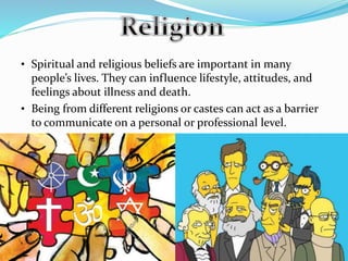• Spiritual and religious beliefs are important in many
people’s lives. They can influence lifestyle, attitudes, and
feelings about illness and death.
• Being from different religions or castes can act as a barrier
to communicate on a personal or professional level.
 