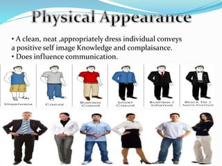 • A clean, neat ,appropriately dress individual conveys
a positive self image Knowledge and complaisance.
• Does influence communication.
 