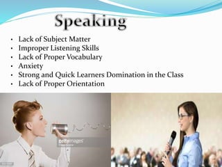 • Lack of Subject Matter
• Improper Listening Skills
• Lack of Proper Vocabulary
• Anxiety
• Strong and Quick Learners Domination in the Class
• Lack of Proper Orientation
 