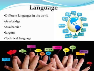 •Different languages in the world
•As a bridge
•As a barrier
•Jargons
•Technical language
 