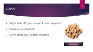 Lupin Seeds
LUPIN
 Major lupin allergen – Lupan 1, Beta- conglutin
 Cause allergic reactions
 Use in chocolates, pastri...