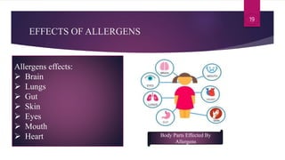 EFFECTS OF ALLERGENS
Allergens effects:
 Brain
 Lungs
 Gut
 Skin
 Eyes
 Mouth
 Heart Body Parts Effected By
Allerge...