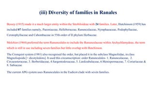 (iii) Diversity of families in Ranales
Bessey (1915) made it a much larger entity within the Strobiloideae with 24 families. Later, Hutchinson (1959) has
included 07 families namely, Paeoniaceae, Helleboraceae, Ranunculaceae, Nymphaeaceae, Podophyllaceae,
Ceratophyllaceae and Cabombaceae in 55th order of II phylum Herbaceae.
Melchior (1964) preferred the term Ranunculales to include the Ranunculaceae within Archychlamydeae, the term
which is still in use including seven families but little overlap with Hutchinson.
The Cronquist system (1981) also recognised the order, but placed it in the subclass Magnoliidae, in class
Magnoliopsida [= dicotyledons]. It used this circumscription: order Ranunculales- 1. Ranunculaceae, 2.
Circaeasteraceae, 3. Berberidaceae, 4.Sargentodoxaceae, 5. Lardizabalaceae, 6.Menispermaceae, 7. Coriariaceae &
8. Sabiaceae
The current APG system uses Ranunculales in the Eudicot clade with seven families.
 
