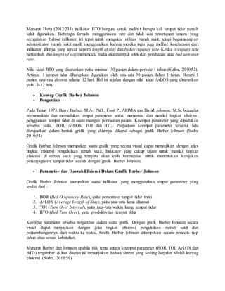 Menurut Hatta (2013:233) indikator BTO berguna untuk melihat berapa kali tempat tidur rumah
sakit digunakan. Beberapa formula menggunakan rate dan tidak ada persetujuan umum yang
mengatakan bahwa indikator ini tepat untuk mengukur utilitas rumah sakit, tetapi bagaimanapun
administrator rumah sakit masih menggunakan karena mereka ingin juga melihat keselarasan dari
indikator lainnya yang terkait seperti length of stay dan bed occupancy rate. Ketika occupany rate
bertambah dan length of stay memendek maka akan tampak efek dari perubahan atau bed turn over
rate.
Nilai ideal BTO yang disarankan yaitu minimal 30 pasien dalam periode 1 tahun (Sudra, 2010:52).
Artinya, 1 tempat tidur diharapkan digunakan oleh rata-rata 30 pasien dalam 1 tahun. Berarti 1
pasien rata-rata dirawat selama 12 hari. Hal ini sejalan dengan nilai ideal AvLOS yang disarankan
yaitu 3-12 hari.
 Konsep Grafik Barber Johnson
 Pengertian
Pada Tahun 1973, Barry Barber, M.A., PhD., Finst P., AFIMA dan David Johnson, M.Sc berusaha
merumuskan dan memadukan empat parameter untuk memantau dan menilai tingkat efisiensi
penggunaan tempat tidur di suatu ruangan perawatan pasien. Keempat parameter yang dipadukan
tersebut yaitu, BOR, AvLOS, TOI dan BTO. Perpaduan keempat parameter tersebut lalu
diwujudkan dalam bentuk grafik yang akhirnya dikenal sebagai grafik Barber Johnson (Sudra
2010:54)
Grafik Barber Johnson merupakan suatu grafik yang secara visual dapat menyajikan dengan jelas
tingkat efisiensi pengelolaan rumah sakit. Indikator yang cukup tajam untuk menilai tingkat
efisiensi di rumah sakit yang ternyata akan lebih bermanfaat untuk menentukan kebijakan
pendayaguaan tempat tidur adalah dengan grafik Barber Johnson.
 Parameter dan Daerah Efisiensi Dalam Grafik Barber Johnson
Grafik Barber Johnson merupakan suatu indikator yang menggunakan empat parameter yang
terdiri dari :
1. BOR (Bed Ocupanccy Rate), yaitu persentase tempat tidur terisi
2. AvLOS (Average Length of Stay), yaitu rata-rata lama dirawat
3. TOI (Turn Over Interval), yaitu rata-rata waktu luang tempat tidur
4. BTO (Bed Turn Over), yaitu produktivitas tempat tidur
Keempat parameter tersebut tergambar dalam suatu grafik. Dengan grafik Barber Johnson secara
visual dapat menyajikan dengan jelas tingkat efisiensi pengelolaan rumah sakit dan
perkembangannya dari waktu ke waktu. Grafik Barber Johnson ditampilkan secara periodik tiap
tahun atau sesuai kebutuhan.
Menurut Barber dan Johnson apabila titik temu antara keempat parameter (BOR, TOI, AvLOS dan
BTO) tergambar di luar daerah ini menunjukan bahwa sistem yang sedang berjalan adalah kurang
efisiensi (Sudra, 2010:59)
 