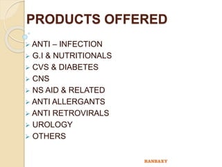 PRODUCTS OFFERED
 ANTI – INFECTION
 G.I & NUTRITIONALS
 CVS & DIABETES
 CNS
 NS AID & RELATED
 ANTI ALLERGANTS
 ANTI RETROVIRALS
 UROLOGY
 OTHERS
 