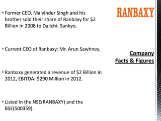  Former CEO, Malvinder Singh and his
brother sold their share of Ranbaxy for $2
Billion in 2008 to Daiichi- Sankyo.

 Current CEO of Ranbaxy: Mr. Arun Sawhney.

 Ranbaxy generated a revenue of $2 Billion in
2012, EBITDA- $290 Million in 2012.

 Listed in the NSE(RANBAXY) and the
BSE(500359).

 