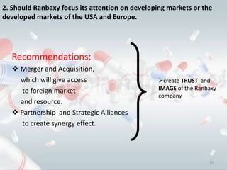 2. Should Ranbaxy focus its attention on developing markets or the
developed markets of the USA and Europe.




  Recommendations:
   Merger and Acquisition,
    which will give access                       create TRUST and
     to foreign market                           IMAGE of the Ranbaxy
                                                 company
    and resource.
   Partnership and Strategic Alliances
     to create synergy effect.



                                                                  13
 