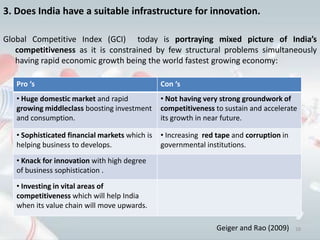 3. Does India have a suitable infrastructure for innovation.

Global Competitive Index (GCI) today is portraying mixed picture of India’s
   competitiveness as it is constrained by few structural problems simultaneously
   having rapid economic growth being the world fastest growing economy:

   Pro ‘s                                       Con ‘s
   • Huge domestic market and rapid             • Not having very strong groundwork of
   growing middleclass boosting investment      competitiveness to sustain and accelerate
   and consumption.                             its growth in near future.

   • Sophisticated financial markets which is   • Increasing red tape and corruption in
   helping business to develops.                governmental institutions.
   • Knack for innovation with high degree
   of business sophistication .
   • Investing in vital areas of
   competitiveness which will help India
   when its value chain will move upwards.

                                                                 Geiger and Rao (2009)    16
 