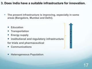 The present infrastructure is improving, especially in some
areas (Bangalore, Mumbai and Delhi).
 Education
 Transportation
 Energy supply
 institutional and regulatory infrastructure
for trials and pharmaceutical
 Communications
 Heterogeneous Population.
17
3. Does India have a suitable infrastructure for innovation.
I
m
p
r
o
v
i
n
g
 