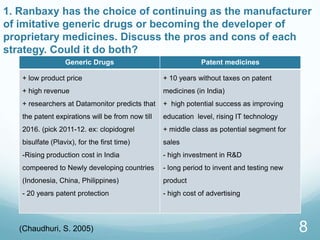1. Ranbaxy has the choice of continuing as the manufacturer
of imitative generic drugs or becoming the developer of
proprietary medicines. Discuss the pros and cons of each
strategy. Could it do both?
Generic Drugs Patent medicines
+ low product price
+ high revenue
+ researchers at Datamonitor predicts that
the patent expirations will be from now till
2016. (pick 2011-12. ex: clopidogrel
bisulfate (Plavix), for the first time)
-Rising production cost in India
compeered to Newly developing countries
(Indonesia, China, Philippines)
- 20 years patent protection
+ 10 years without taxes on patent
medicines (in India)
+ high potential success as improving
education level, rising IT technology
+ middle class as potential segment for
sales
- high investment in R&D
- long period to invent and testing new
product
- high cost of advertising
8(Chaudhuri, S. 2005)
 