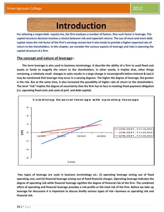 15 | P a g e
Shree Agrasain College 2012
For selecting a target debt –equity mix, the firm analyses a number of factors. One such factor is leverage. The
capital structure decision involves a choice between risk and expected returns. The use of more and more debt
capital raises the risk factor of the firm’s earnings stream but it also tends to provide a higher expected rate of
return to the shareholders. In this chapter, we consider the various aspects of leverage and risks in planning the
capital structure of a firm.
The concept and nature of leverage:-
The term leverage is also used in business terminology. It describe the ability of a firm to used fixed cost
assets or funds to magnify the return to the shareholders, in other words, it implies that, other things
remaining, a relatively small changes in sales results in a large change in income(profit before interest & tax).it
may be mentioned that leverage may occur in a varying degrees. The higher the degree of leverage, the greater
is the risk. But at the same time, it also increased the possibility of higher rate of return to the shareholders.
The term “risk” implies the degree of uncertainty that the firm has to face in meeting fixed-payment obligation
(i.e. operating fixed costs and costs of pref. and debt capital).
Two types of leverage are used in business terminology viz.: (i) operating leverage arising out of fixed
operating cost, and (ii) financial leverage arising out of fixed financial charges. Operating leverage indicates the
degree of operating risk while financial leverage signifies the degree of financial risk of the firm. The combined
effect of operating and financial leverage provides a risk profile or the total risk of the firm. Before we take up
leverage for discussion it is important to discuss briefly various types of risk—business or operating risk and
financial risk.
Introduction
 