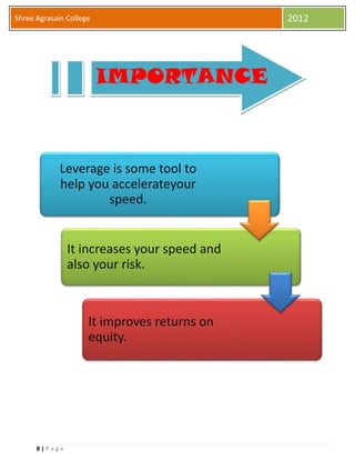 8 | P a g e
Shree Agrasain College 2012
Leverage is some tool to
help you accelerateyour
speed.
It increases your speed and
also your risk.
It improves returns on
equity.
IMPORTANCE
 