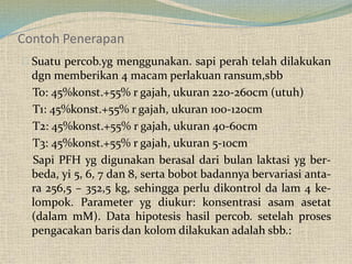 Contoh Penerapan
Suatu percob.yg menggunakan. sapi perah telah dilakukan
dgn memberikan 4 macam perlakuan ransum,sbb
To: 45%konst.+55% r gajah, ukuran 220-260cm (utuh)
T1: 45%konst.+55% r gajah, ukuran 100-120cm
T2: 45%konst.+55% r gajah, ukuran 40-60cm
T3: 45%konst.+55% r gajah, ukuran 5-10cm
Sapi PFH yg digunakan berasal dari bulan laktasi yg ber-
beda, yi 5, 6, 7 dan 8, serta bobot badannya bervariasi anta-
ra 256,5 – 352,5 kg, sehingga perlu dikontrol da lam 4 ke-
lompok. Parameter yg diukur: konsentrasi asam asetat
(dalam mM). Data hipotesis hasil percob. setelah proses
pengacakan baris dan kolom dilakukan adalah sbb.:
 