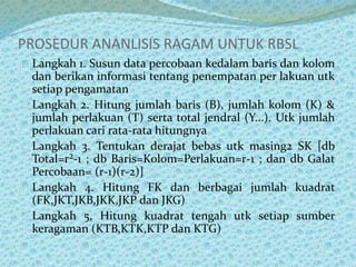 PROSEDUR ANANLISIS RAGAM UNTUK RBSL
Langkah 1. Susun data percobaan kedalam baris dan kolom
dan berikan informasi tentang penempatan per lakuan utk
setiap pengamatan
Langkah 2. Hitung jumlah baris (B), jumlah kolom (K) &
jumlah perlakuan (T) serta total jendral (Y...). Utk jumlah
perlakuan cari rata-rata hitungnya
Langkah 3. Tentukan derajat bebas utk masing2 SK [db
Total=r²-1 ; db Baris=Kolom=Perlakuan=r-1 ; dan db Galat
Percobaan= (r-1)(r-2)]
Langkah 4. Hitung FK dan berbagai jumlah kuadrat
(FK,JKT,JKB,JKK,JKP dan JKG)
Langkah 5, Hitung kuadrat tengah utk setiap sumber
keragaman (KTB,KTK,KTP dan KTG)
 