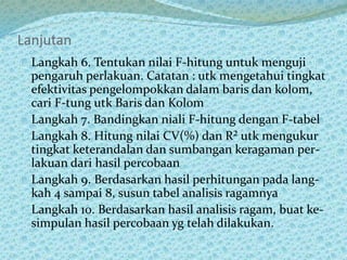 Lanjutan
Langkah 6. Tentukan nilai F-hitung untuk menguji
pengaruh perlakuan. Catatan : utk mengetahui tingkat
efektivitas pengelompokkan dalam baris dan kolom,
cari F-tung utk Baris dan Kolom
Langkah 7. Bandingkan niali F-hitung dengan F-tabel
Langkah 8. Hitung nilai CV(%) dan R² utk mengukur
tingkat keterandalan dan sumbangan keragaman per-
lakuan dari hasil percobaan
Langkah 9. Berdasarkan hasil perhitungan pada lang-
kah 4 sampai 8, susun tabel analisis ragamnya
Langkah 10. Berdasarkan hasil analisis ragam, buat ke-
simpulan hasil percobaan yg telah dilakukan.
 