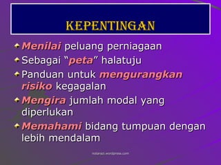 Kepentingan Menilai  peluang perniagaan Sebagai “ peta ” halatuju Panduan untuk  mengurangkan risiko  kegagalan  Mengira  jumlah modal yang diperlukan  Memahami  bidang tumpuan dengan lebih mendalam 