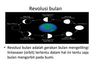 Revolusi bulan




• Revolusi bulan adalah gerakan bulan mengelilingi
  lintaswan (orbit) tertentu dalam hal ini tentu saja
  bulan mengorbit pada bumi.
 