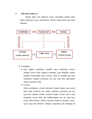 V. STRATEGI DIKLAT
Strategi diklat perlu dilakukan karena menyangkut masalah teknis
dalam pelaksanaan proses pembelajaran. Berikut strategi diklat yang dapat
dilakukan.
Pendahuluan
 Pada langkah pendahuluan pendidik dapat memberikan motivasi
terhadap peserta diklat mengenai keuntungan yang didapatkan apabila
menguasai keterampilan sistem otomasi. Selain itu pendidik juga harus
menjelaskan mengenai persyaratan apa saja yang harus dipersiapkan
selama menempuh diklat.
 Ceramah
Model pembelajaran ceramah diterapkan dengan harapan agar peserta
diklat dapat termotivasi dan mampu memahami persyaratan apa saja
yang harus dipenuhi sebelum memasuki bengkel otomasi. Hal ini akan
menjadikan peserta diklat tahu langkah-langkah apa saja yang harus
peserta diklat lakukan sebelum memasuki bengkel berdasarkan syarat-
syarat yang telah ditentukan. Misalnya mengenakan alat pelindung diri
Pendahuluan Penutup
Unjuk Kerja
Kegiatan inti
Ceramah
(verbal cognitive)
Latihan –
Problem Solving
 