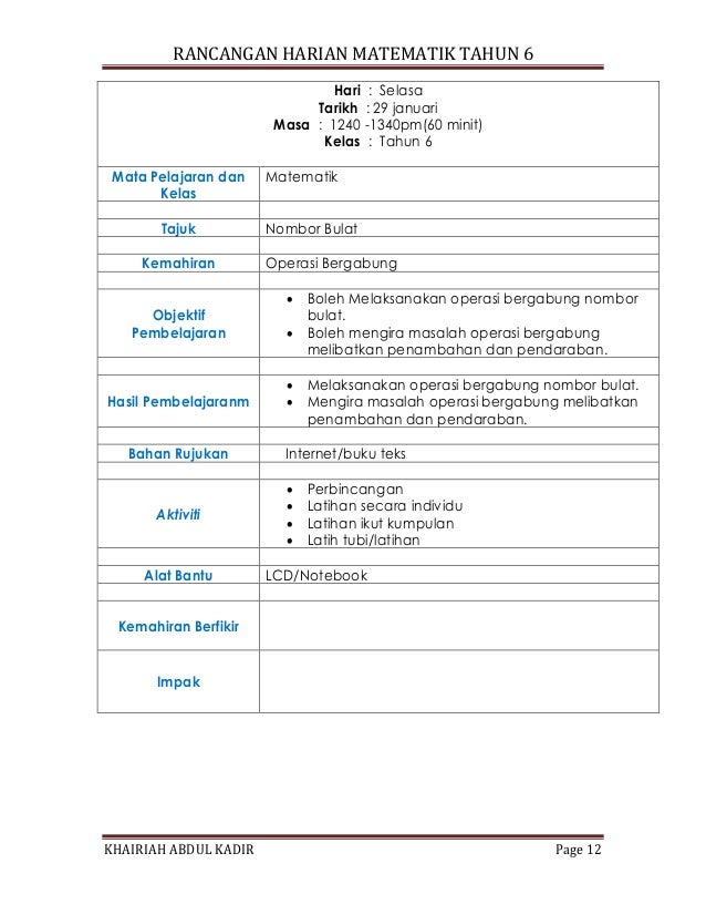 Rancangan Harian Matematik Tahun 6