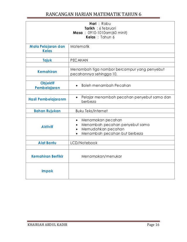 Rancangan harian matematik tahun 6
