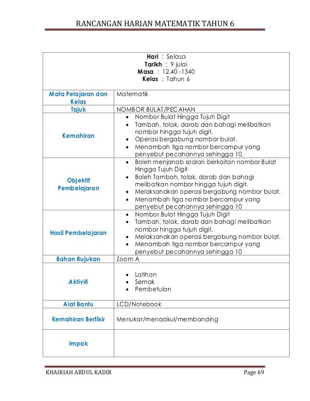 Rancangan harian matematik tahun 6