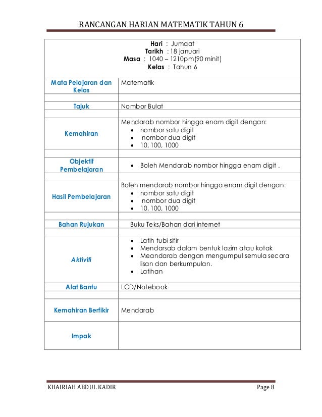 Rancangan harian matematik tahun 6